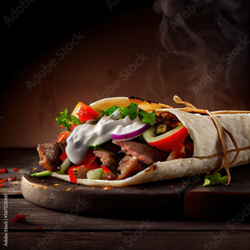 Artisanal Kebab with lamb and vegetables in pita bread, Generative AI