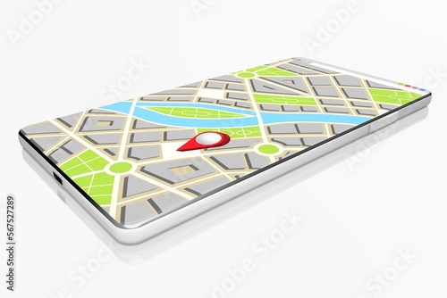 City map with location pin on a smartphone - 3D illustration