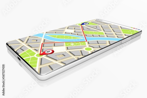 City map with market route by two pins on a smartphone - 3D illustration