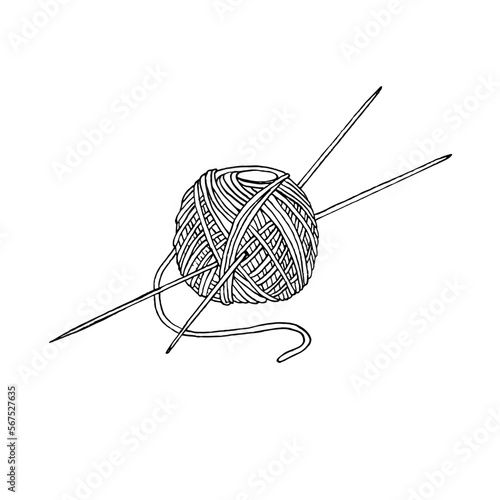 Round skein of wool yarn with two knitting needles.  Vector black and white illustration, a doodle-style ball of thread icon.