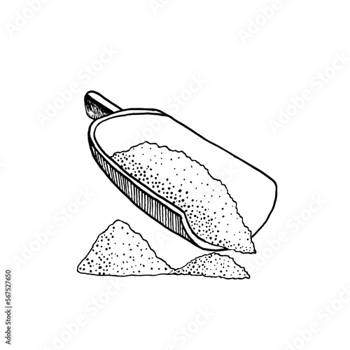 Bulk product in a large measuring spoon. Vector illustration of measuring sugar, flour, cereals with a special scoop.