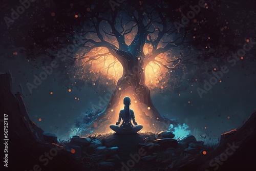 Human sitting in a meditation position under a tree. Light Particles art