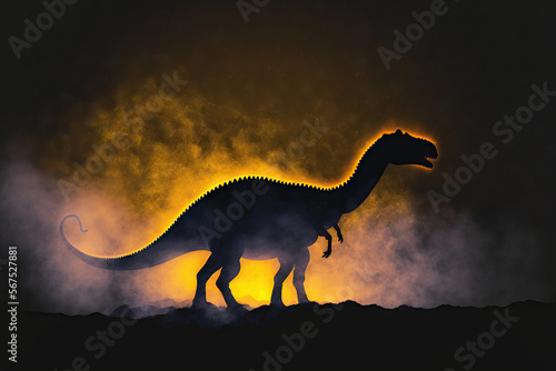 Giant dinosaur silhouette in the misty night. cleverly decorated with miniatures. background with a burning mist. selective attention. Generative AI © 2rogan