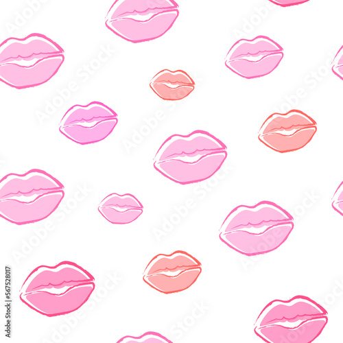 Vector Chalk Pink Kisses Seamless Pattern Background. Lips prints wrapping paper. World kiss day, Valentine's day. Beauty and cosmetics background. Vector illustration.