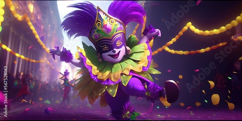 Mardi Gras Harlequin - A Mardi Gras Jester in Green, gold, and purple coloring for the festive holiday season. Generative AI