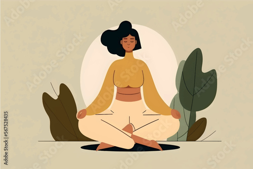 beautiful girl meditating minimalistic concentrated, flat minimalistic background, vector illustration