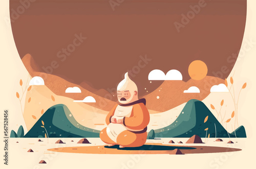 elderly man meditating in the mountains, vector illustration