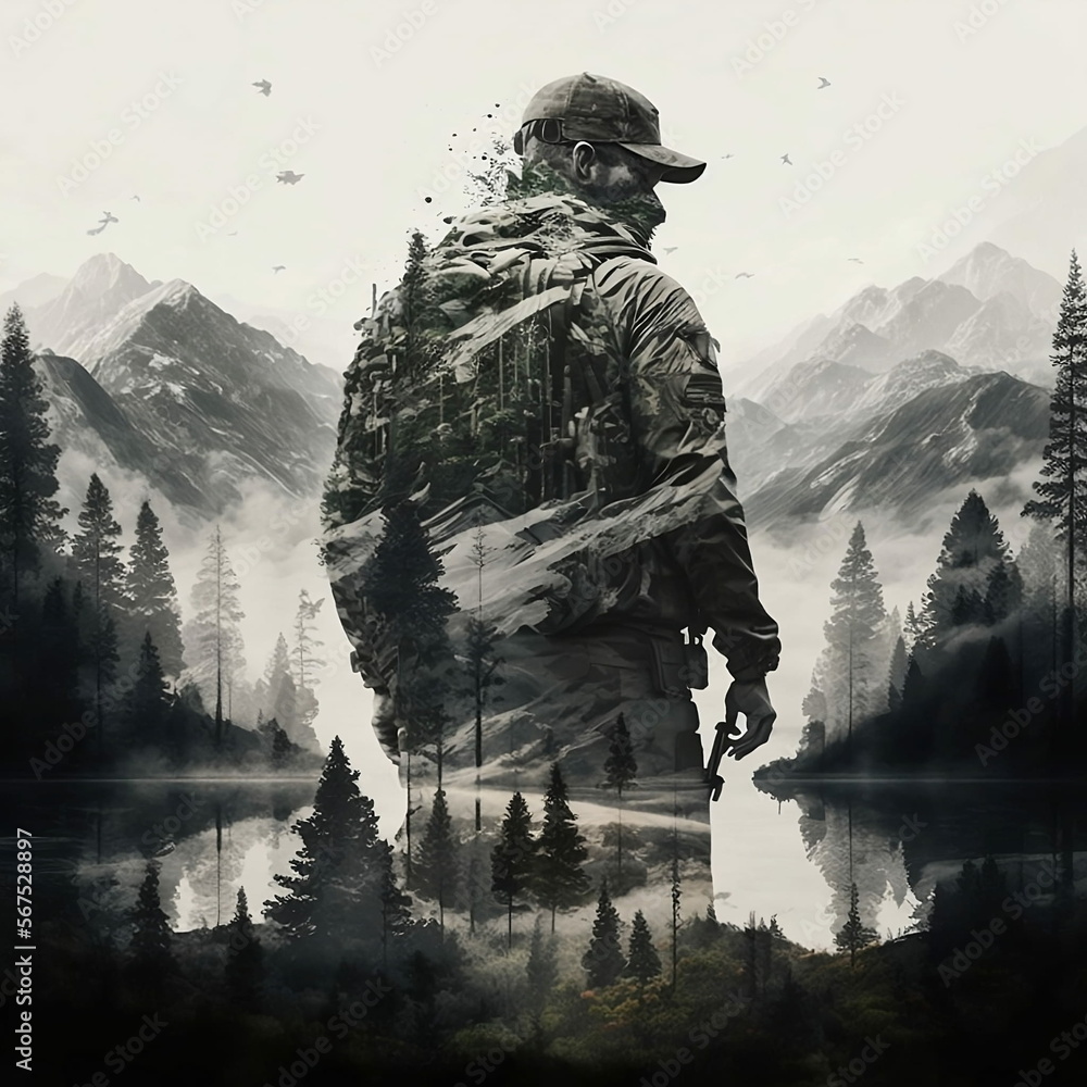soldier in the forrest, black and white illustration soldier in the forrest, black and white illustration