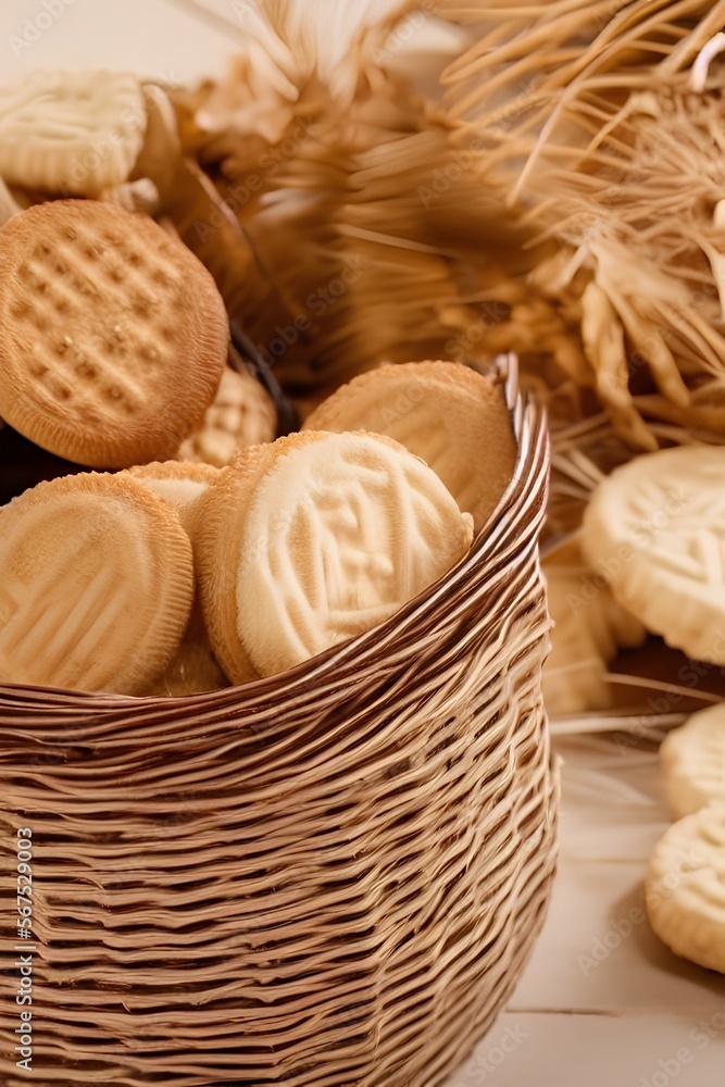 Closeup of basket with biscuit and wheat - generative ai Closeup of basket with biscuit and wheat - generative ai