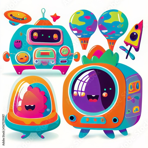 Set of groovy space characters and objects. Clipart.