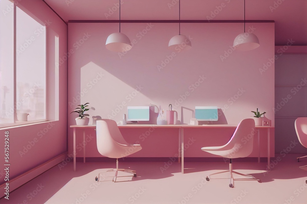 Pastel office cubicle or home office, cute workspace in pastel colors. Generative AI Stock