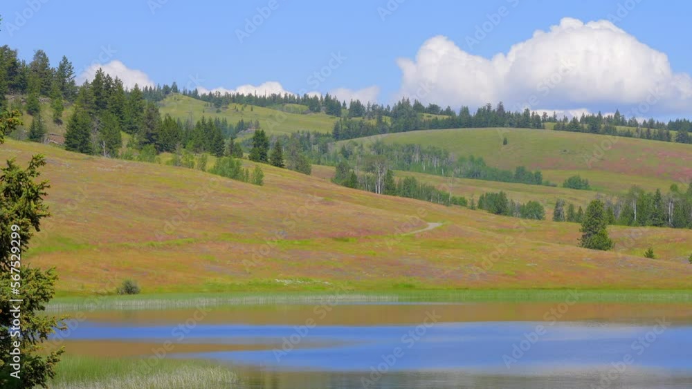 Establishing shot of Mountain lake with blue sky and white clouds in Vancouver, Canada, North America. Day time on July 2022. Still camera view. ProRes 422 HQ. Establishing shot of Mountain lake with blue sky and white clouds in Vancouver, Canada, North America. Day time on July 2022. Still camera view. ProRes 422 HQ.