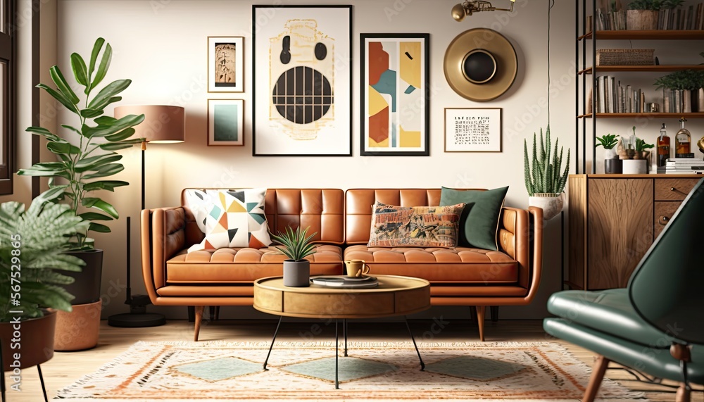 Mid-Century Modern Living Room with Tan Leather Sofa, Geometric Rug and