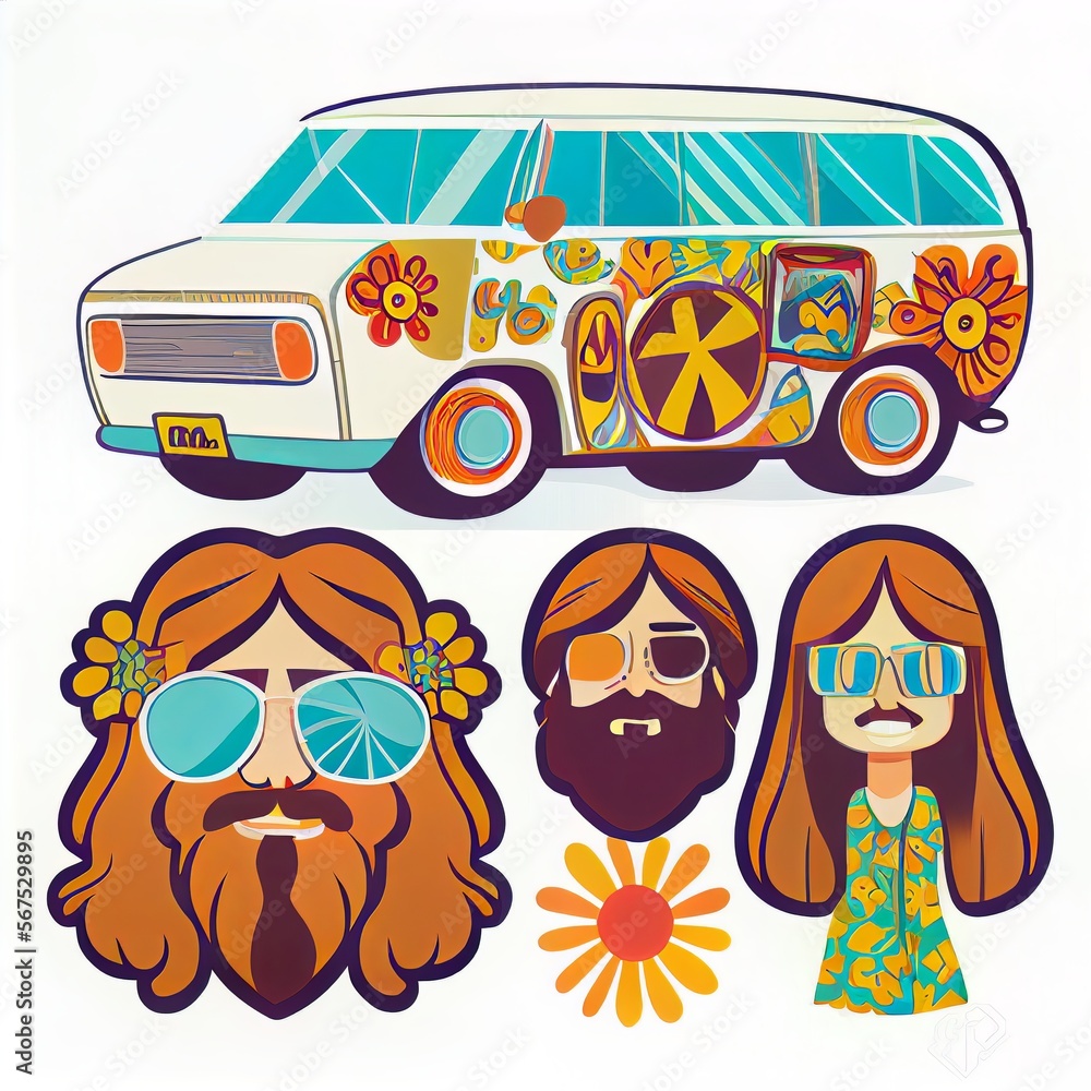 Set of groovy 70s hippie characters and objects. Clipart. 素材庫插圖 | Adobe ...