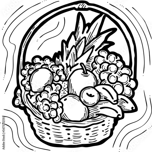Tasty fresh fruits and vegetables in basket for healthy eating, vegan and vegetarian lifestyle. Garden harvest, market shopping, grocery store. Hand drawn illustration. Cartoon vintage vector drawing.