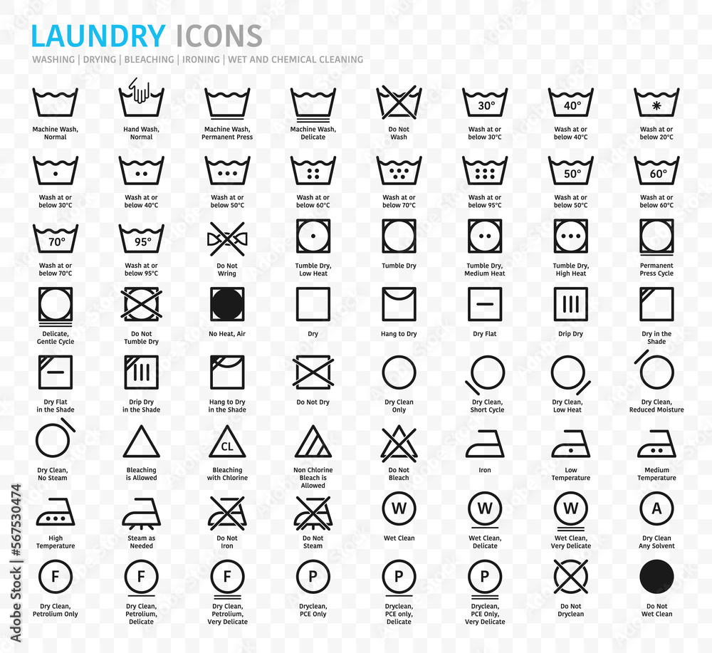 Laundry symbols, care symbols. Washing, drying, bleaching, ironing and