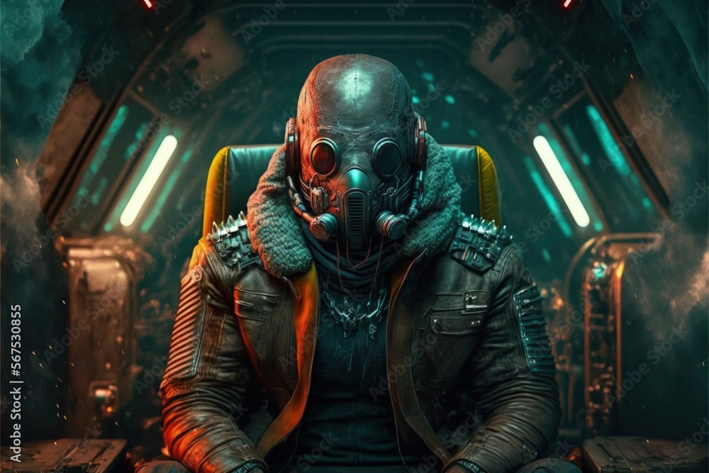 Bounty hunter with gas mask and leather jacket inside spaceship. Generative AI