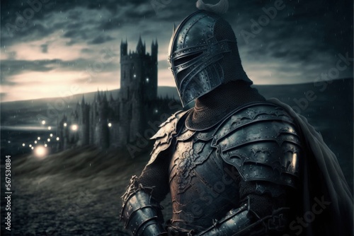 Medieval knight with armor, castle guard, castle in the background. Generative AI	 photo