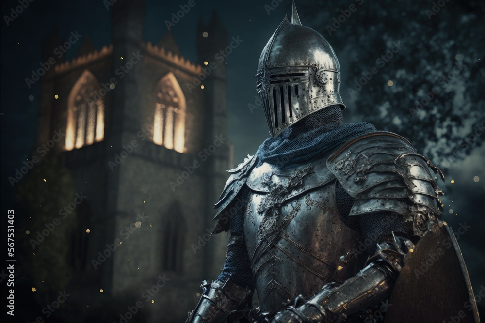 Medieval knight with armor, castle guard, castle in the background. Generative AI
Medieval knight with armor, castle guard, castle in the background. Generative AI