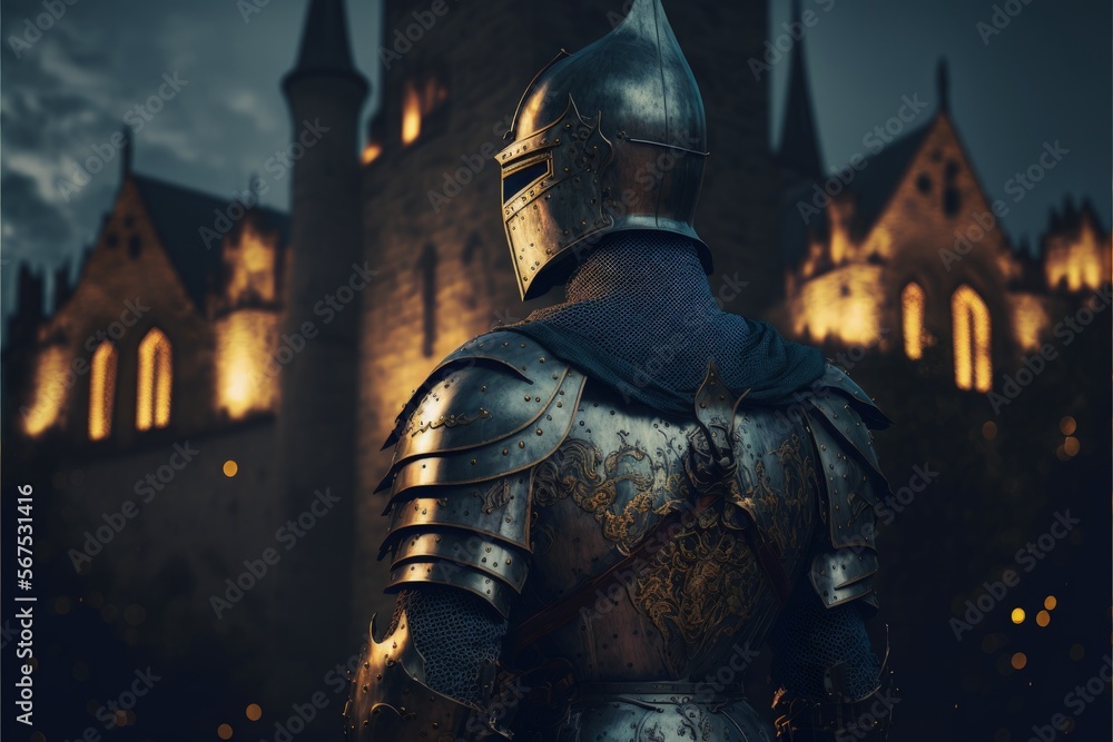 Fototapeta premium Medieval knight with armor, castle guard, castle in the background. Generative AI