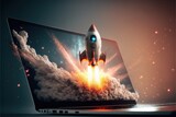 Illustration rocket coming out of laptop screen, concept of ideas and statup. Generative AI