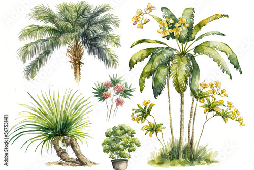 Green palm tree painted in watercolor and set against a white background. old fashioned banana and coconut trees tropical rainforest with flowers. Generative AI photo