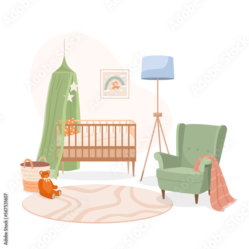 Cute kids room interior. Set of furniture for newborn. Baby wooden cradle with green boho canopy, basket, teddy bear, floor lamp, painting, armchair with blanket. Vector illustration in cartoon style.