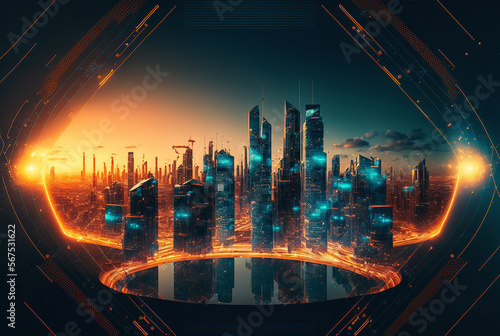 Smart city and abstract pattern connection with speed line light. Illustratio...