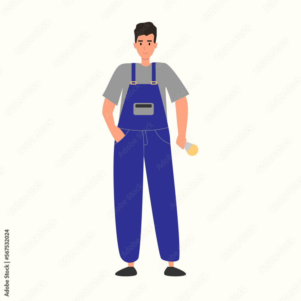 Electrician with a light bulb in his hands. Male electrician in uniform. Vector flat cartoon illustration of a worker in flat style. Concept of home repair, maintenance and electrician services. Electrician with a light bulb in his hands. Male electrician in uniform. Vector flat cartoon illustration of a worker in flat style. Concept of home repair, maintenance and electrician services.