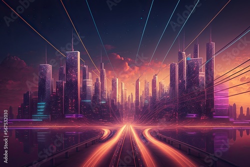 Modern concept of city and communication network. high-speed internet connection visualized as cables linking up in a spectacular futuristic and cyberpunk skyscrapers. ai