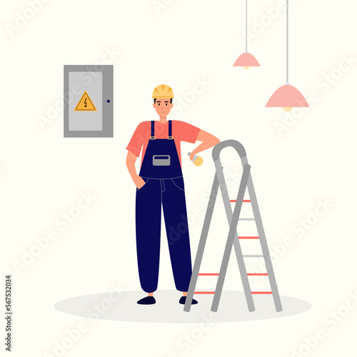 Electrician with a light bulb in his hands on the background of the electric board. Male electrician in uniform. Vector flat cartoon illustration of a worker in flat style. Concept for home repair.