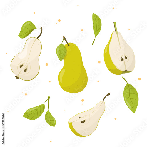illustration of pear with leaf, illustration of pear isolated on white background, pear with leaves, half of pear, piece of pear isolated 