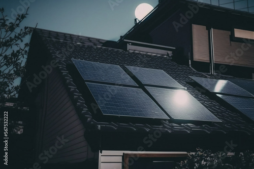 Solar panels on the roof of a building, active at day. cute realistic village...