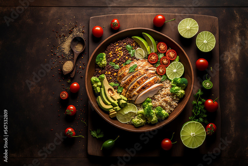 Fresh salad with chicken, tomatoes and mixed greens. Illustration Generative AI