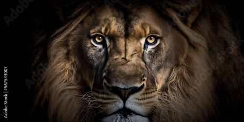 tête de lion vue de face et en gros plan sur fond noir - format panoramique - illustration ia photo
