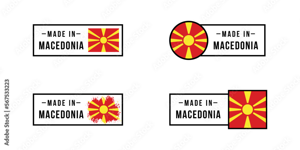 Set of sticker Made in Macedonia. Design labels with Macedonia flag for packaging, Factory, manufacturing and production country. Vector Set of sticker Made in Macedonia. Design labels with Macedonia flag for packaging, Factory, manufacturing and production country. Vector