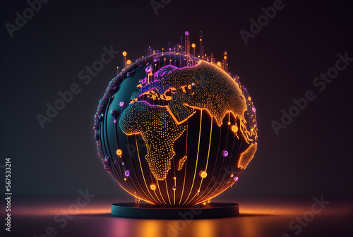 Cyber network with neon dots and lines, global network concept, earth map. Il...
