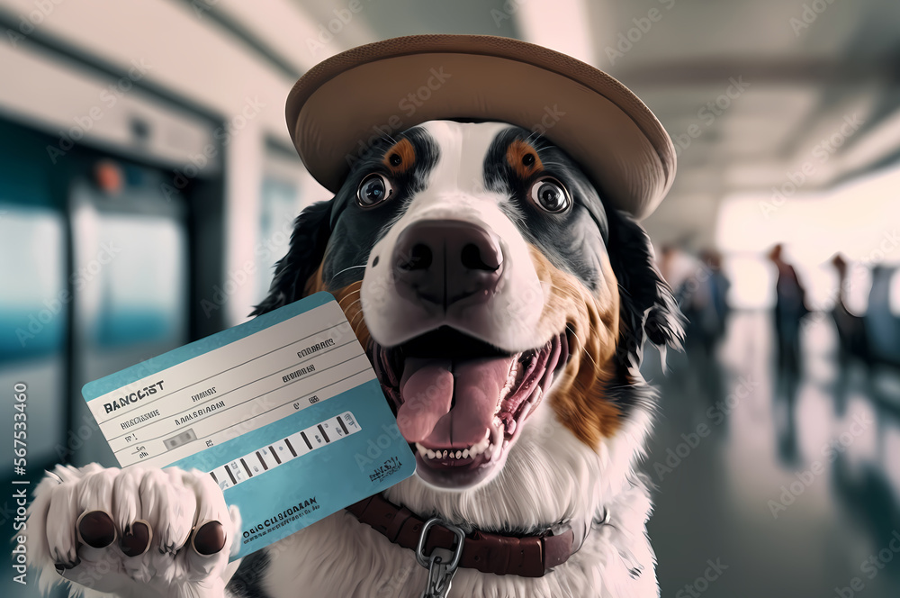Happy traveler dog in tourist hat on board an airplane with ticket