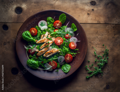 Fresh salad with chicken, tomatoes and mixed greens. Illustration Generative AI