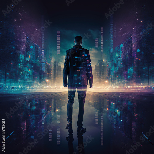 Professional business man walking on future network city. Illustration Genera...