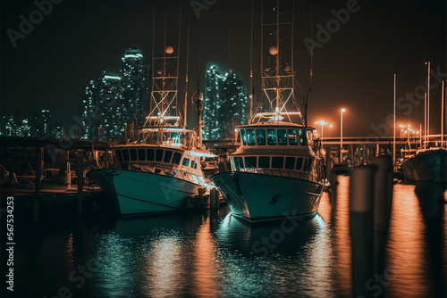 Boats in the harbor at night. Illustration Generative AI