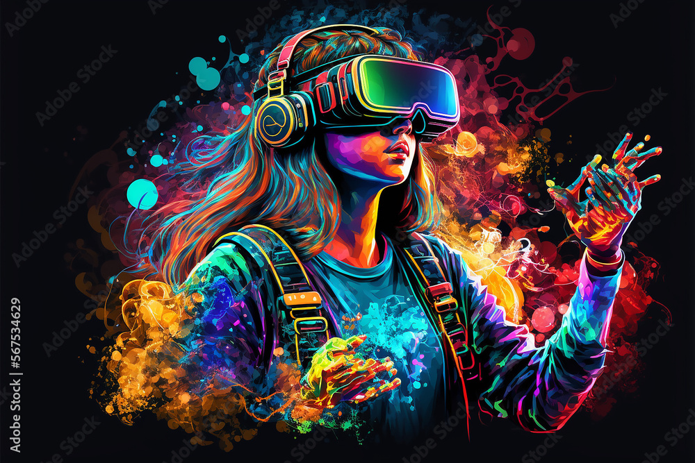 Teenager having fun play VR virtual reality goggle. Illustration Generative AI Teenager having fun play VR virtual reality goggle. Illustration Generative AI