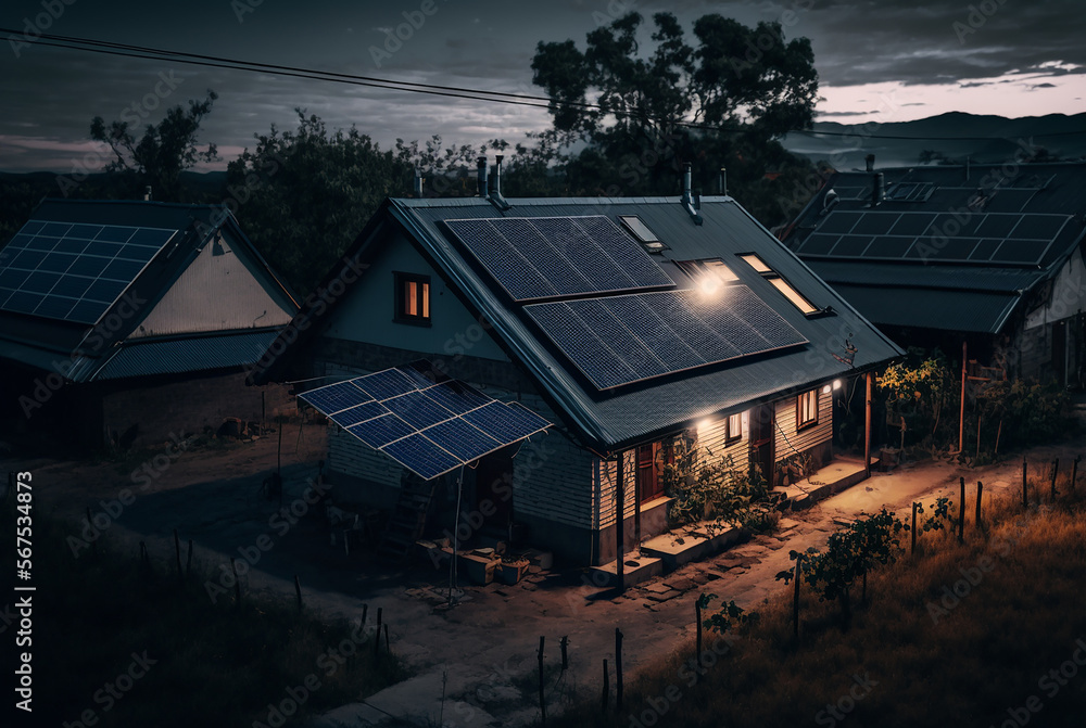 Obraz premium Solar panels on the roof of a building, active at day. cute realistic village house Illustration Generative AI
