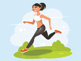 Fitness runner girl running in the park. Sporty training cardio. Vector graphics