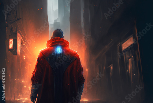 Superhero businessman looking at city skyline at sunset. Illustration Generative AI