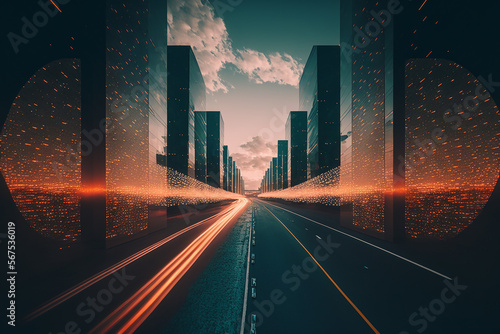 Smart city and abstract pattern connection with speed line light. Illustratio...