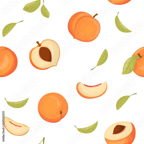 Fototapeta Naklejka Na Ścianę i Meble -   illustration of peach isolated on white background, peach with leaves, half of peach, piece of peach isolated