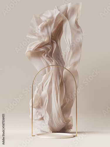 3D background. Beige podium  display mockup. Silk cloth in motion. Gold arch frame for Beauty  product  cosmetic presentation. Feminine scene with pedestal. 3d render.