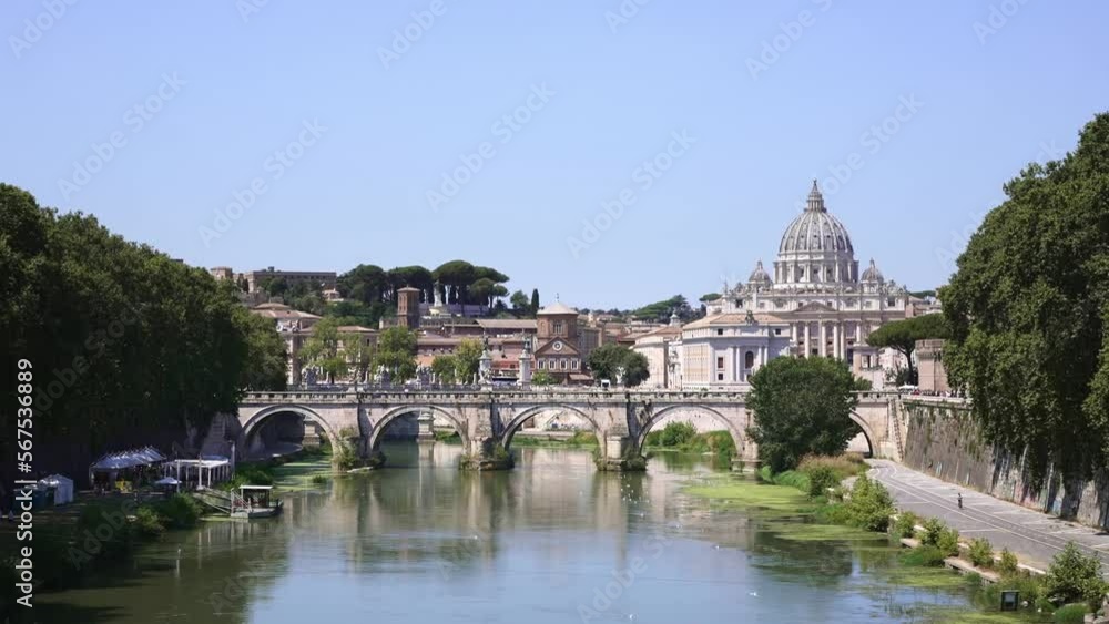 St. Angelo bridge to Castel Sant Angelo. Historic landmark in Rome, Italy. Summer tourism travel destination in Europe. St. Angelo bridge to Castel Sant Angelo. Historic landmark in Rome, Italy. Summer tourism travel destination in Europe.