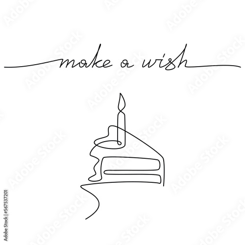 Birthday greeting card. Handwritten text Make a Wish. Hand drawn line continuous cake with candles. Vector lettering,  phrase, quote, slogan. Design for print, banner, wall art, poster, postcard.